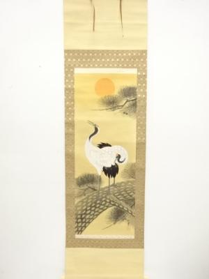 松麗筆　松上双鶴　肉筆絹本掛軸